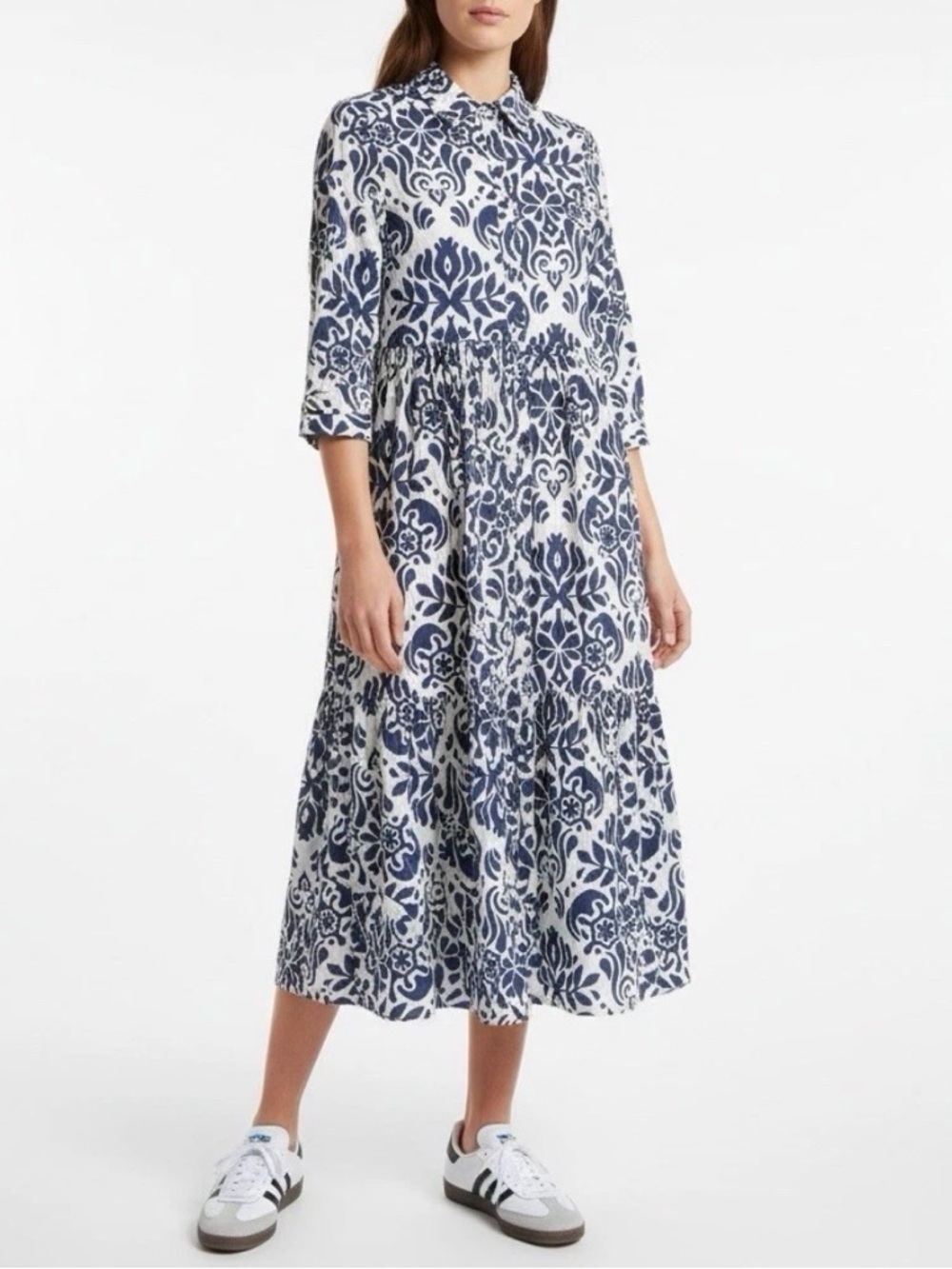 Zara Damask Print Tired A Line Button Front Cotton Maxi Dress